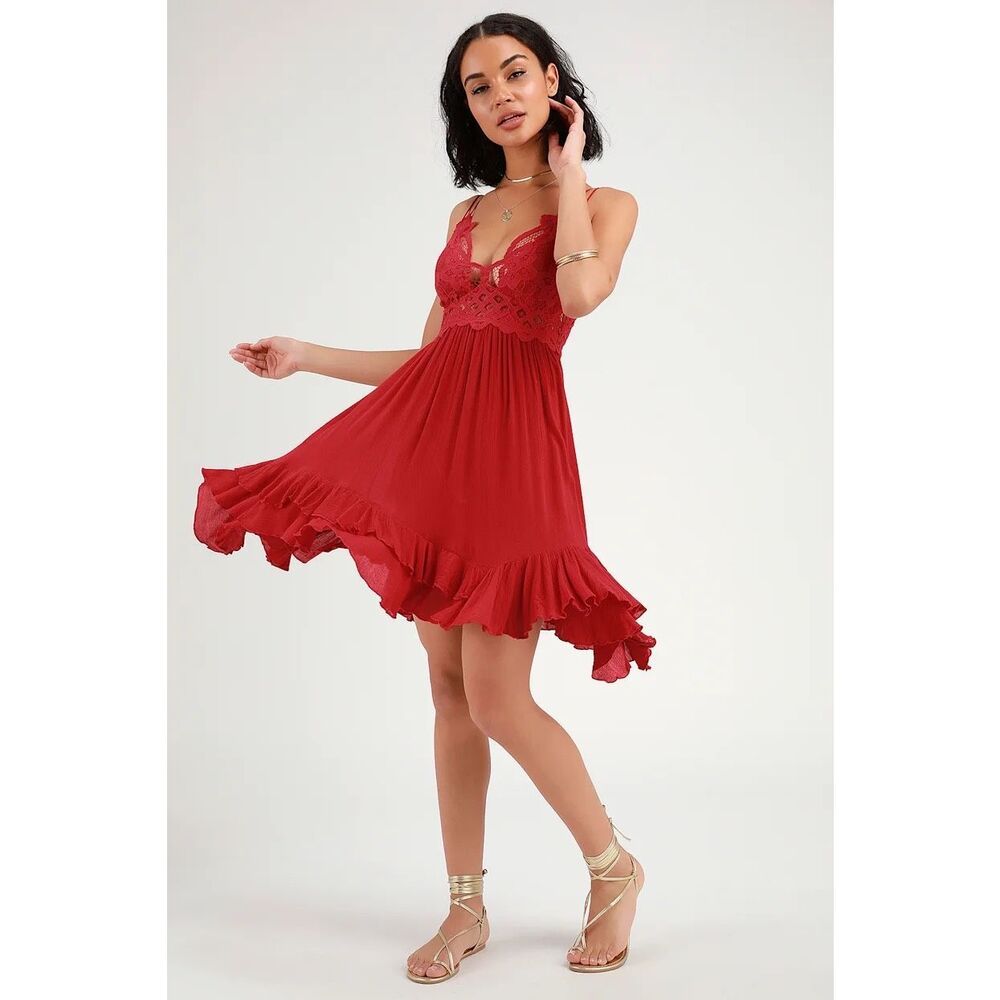Free People Adella Slip Red Lace Dress Size M - Picture 2 of 13